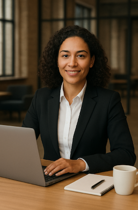 Aymara Garcia Directora Laboral de Gestoría para autónomos Latinos al Día con el ordenador para enseñarse quienes somos