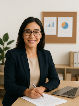 Margaret Mendoza Directora Fiscal y Contable de Gestoría para autónomos Latinos al Día firmando un documento para enseñarse quienes somos